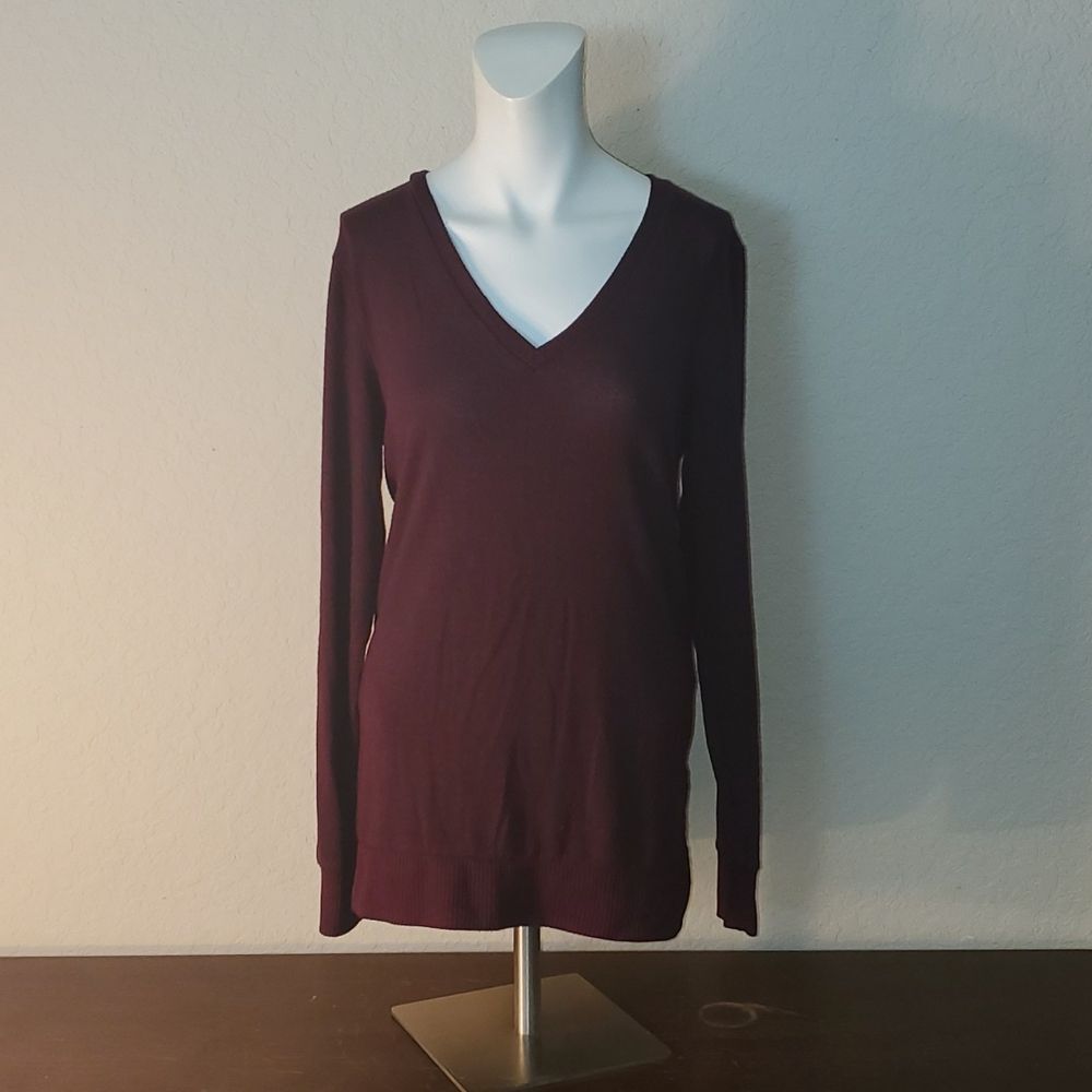 Lucky Brand Burgundy V-Neck Sweater Women's S/P Soft Knit Pullover Tunic Maroon - Picture 2 of 14